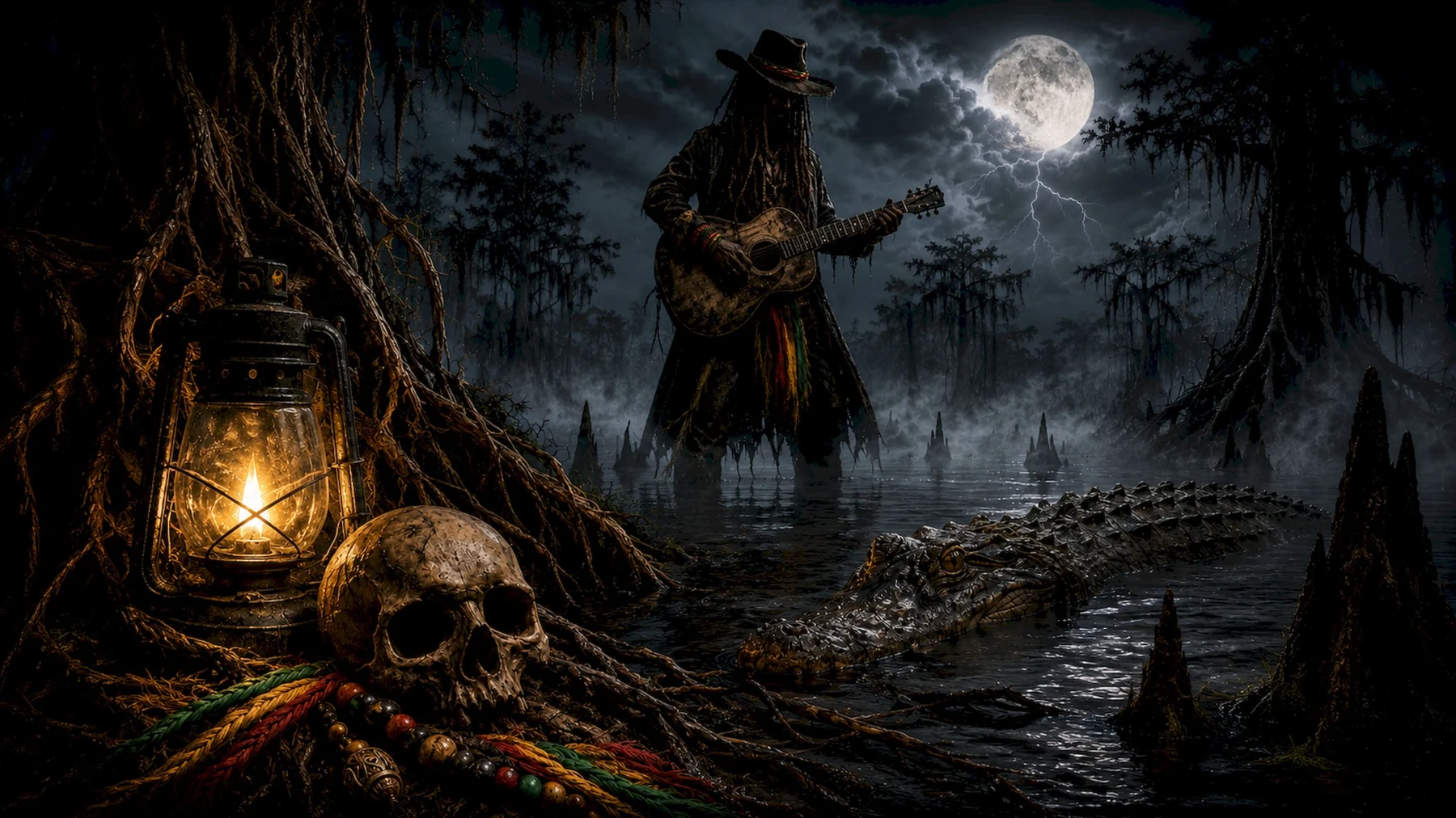 Rohan Blackwater, The Western Outlaw Rasta, standing in a moonlit swamp with a lantern, skull and crocodile